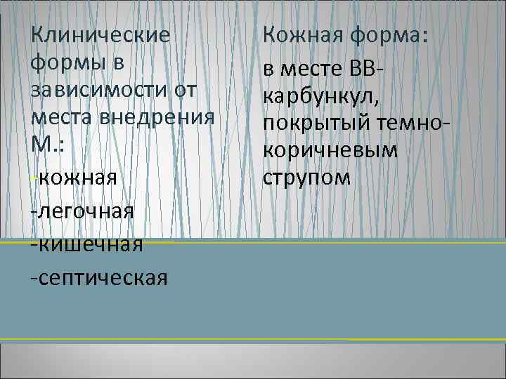 Клинические формы в зависимости от места внедрения М. : кожная легочная кишечная септическая Кожная