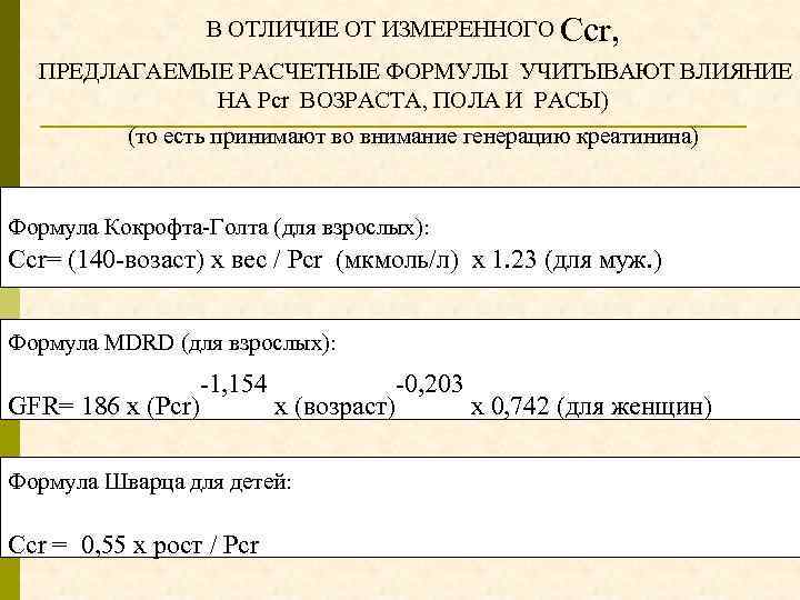 В ОТЛИЧИЕ ОТ ИЗМЕРЕННОГО Ccr, ПРЕДЛАГАЕМЫЕ РАСЧЕТНЫЕ ФОРМУЛЫ УЧИТЫВАЮТ ВЛИЯНИЕ НА Pcr ВОЗРАСТА, ПОЛА