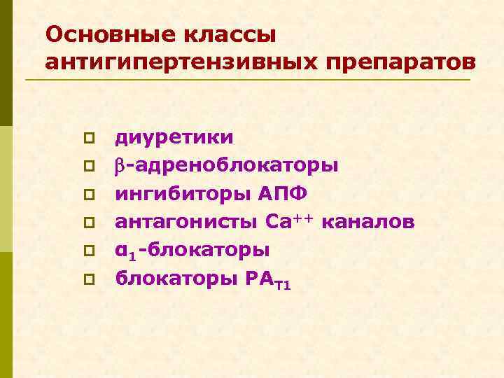 Основные классы антигипертензивных препаратов p p p диуретики -адреноблокаторы ингибиторы АПФ антагонисты Са++ каналов