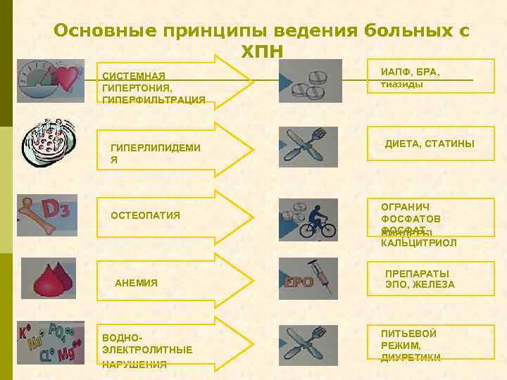 Основные принципы ведения больных с ХПН СИСТЕМНАЯ ГИПЕРТОНИЯ, ГИПЕРФИЛЬТРАЦИЯ ГИПЕРЛИПИДЕМИ Я ОСТЕОПАТИЯ АНЕМИЯ ВОДНОЭЛЕКТРОЛИТНЫЕ