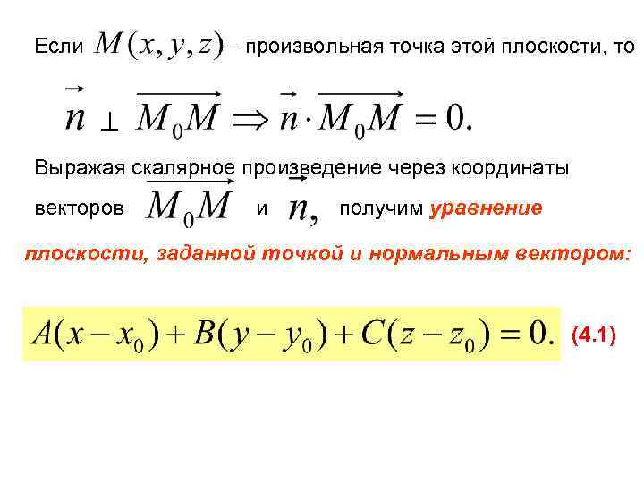  произвольная точка этой плоскости, то Если Выражая скалярное произведение через координаты векторов и