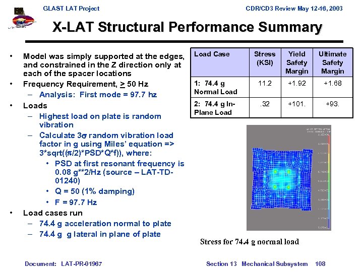 GLAST LAT Project CDR/CD 3 Review May 12 -16, 2003 X-LAT Structural Performance Summary