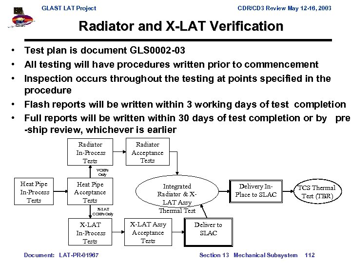 GLAST LAT Project CDR/CD 3 Review May 12 -16, 2003 Radiator and X-LAT Verification