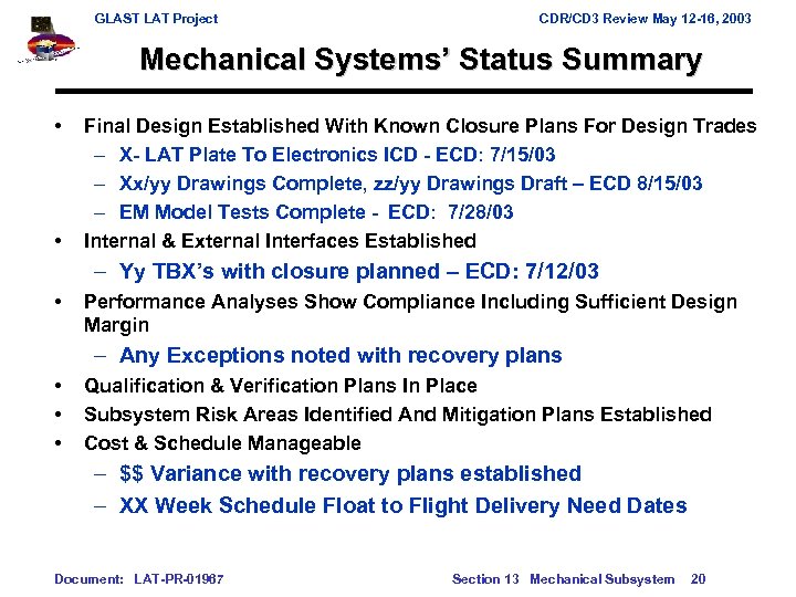 GLAST LAT Project CDR/CD 3 Review May 12 -16, 2003 Mechanical Systems’ Status Summary