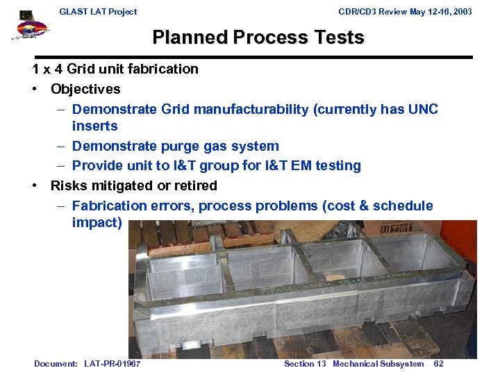GLAST LAT Project CDR/CD 3 Review May 12 -16, 2003 Planned Process Tests 1