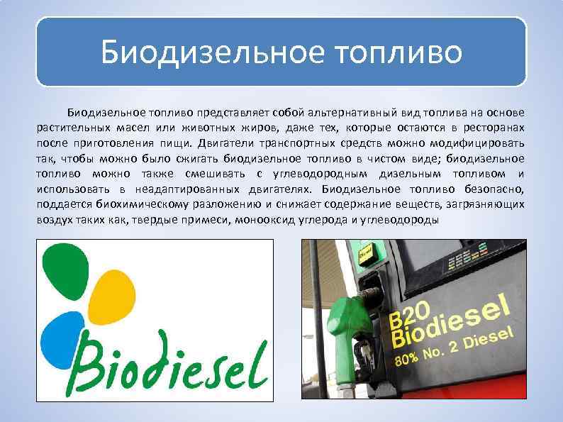 Биодизельное топливо представляет собой альтернативный вид топлива на основе растительных масел или животных жиров,