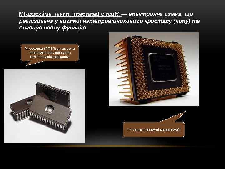 Мікросхе ма, (англ. integrated circuit) — електронна схема, що реалізована у вигляді напівпровідникового кристалу