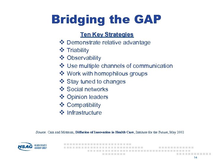 Bridging the GAP v v v v v Ten Key Strategies Demonstrate relative advantage