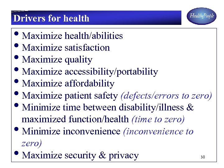 Drivers for health • Maximize health/abilities • Maximize satisfaction • Maximize quality • Maximize