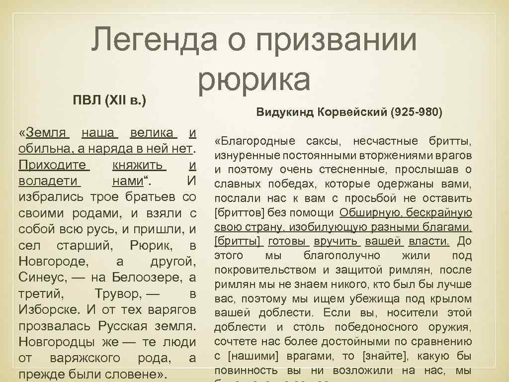 Легенда о призвании рюрика ПВЛ (XII в. ) Видукинд Корвейский (925 -980) «Земля наша