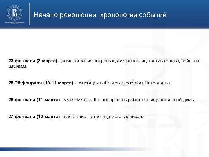 Начало революции: хронология событий 23 февраля (8 марта) - демонстрация петроградских работниц против голода,