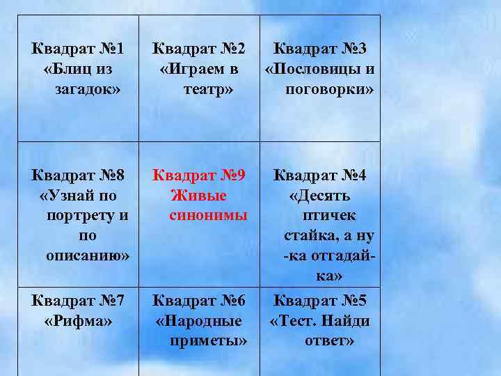 Квадрат № 1 «Блиц из загадок» Квадрат № 2 «Играем в театр» Квадрат №