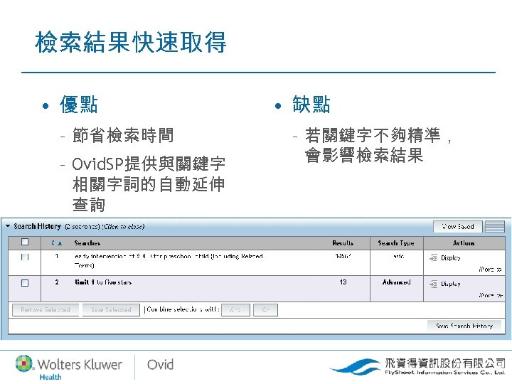 檢索結果快速取得 • 優點 – 節省檢索時間 – Ovid. SP提供與關鍵字 相關字詞的自動延伸 查詢 • 缺點 – 若關鍵字不夠精準，
