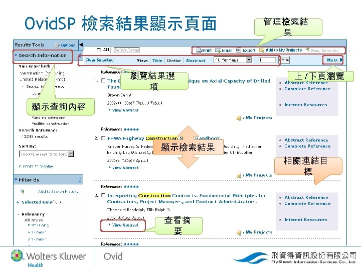 Ovid. SP 檢索結果顯示頁面 瀏覽結果選 項 管理檢索結 果 上 /下頁瀏覽 顯示查詢內容 顯示檢索結果 相關連結目 標 查看摘