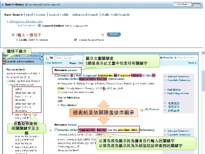 輸入一個句子 關閉不顯示 顯示文獻關聯度 5顆星表示此文獻中包含所有關鍵字 檢索結果依關聯度排序顯示 自動延伸查詢 相關關鍵字及主 題 以黃色底色顯示的為讀者自行輸入的關鍵字 以紫色底色顯示的為系統協助延伸查詢的關鍵字 