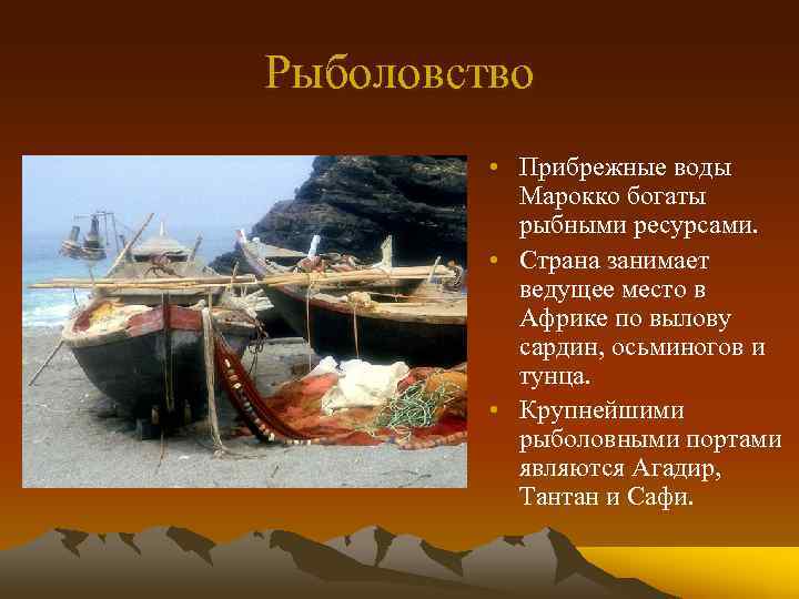 Рыболовство • Прибрежные воды Марокко богаты рыбными ресурсами. • Страна занимает ведущее место в