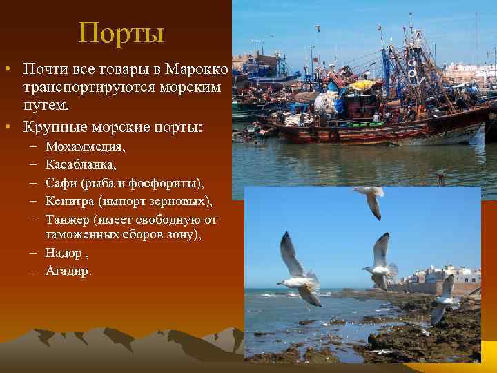 Порты • Почти все товары в Марокко транспортируются морским путем. • Крупные морские порты: