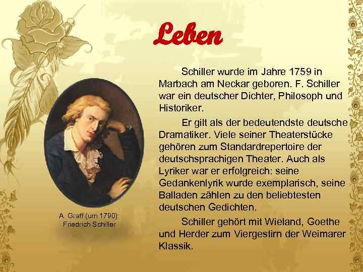 Leben A. Graff (um 1790): Friedrich Schiller wurde im Jahre 1759 in Marbach am