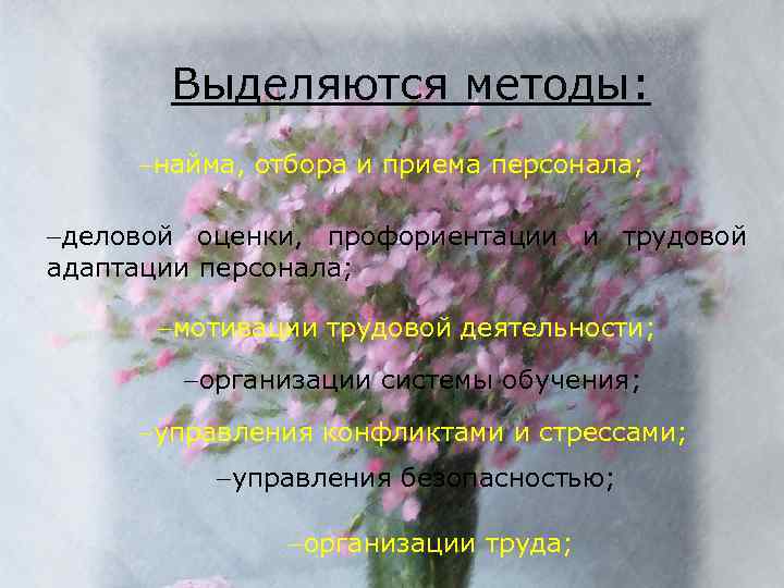 Выделяются методы: найма, отбора и приема персонала; деловой оценки, профориентации и трудовой адаптации персонала;