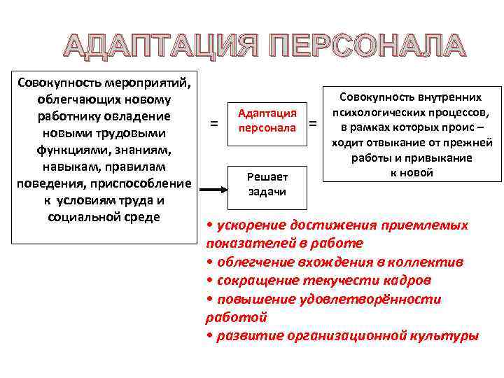 АДАПТАЦИЯ ПЕРСОНАЛА Совокупность мероприятий, облегчающих новому работнику овладение новыми трудовыми функциями, знаниям, навыкам, правилам