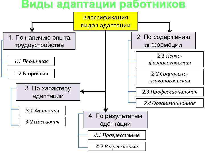 Виды адаптации работников Классификация видов адаптации 1. По наличию опыта трудоустройства 2. По содержанию