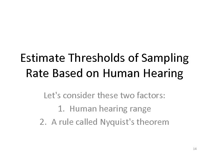 Estimate Thresholds of Sampling Rate Based on Human Hearing Let's consider these two factors: