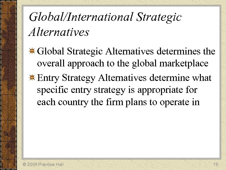 Global/International Strategic Alternatives Global Strategic Alternatives determines the overall approach to the global marketplace