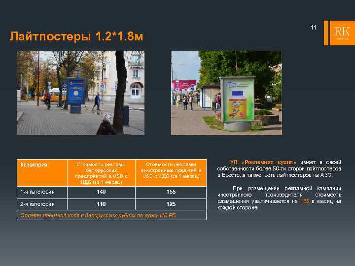11 Лайтпостеры 1. 2*1. 8 м Стоимость рекламы белорусских предприятий в USD с НДС