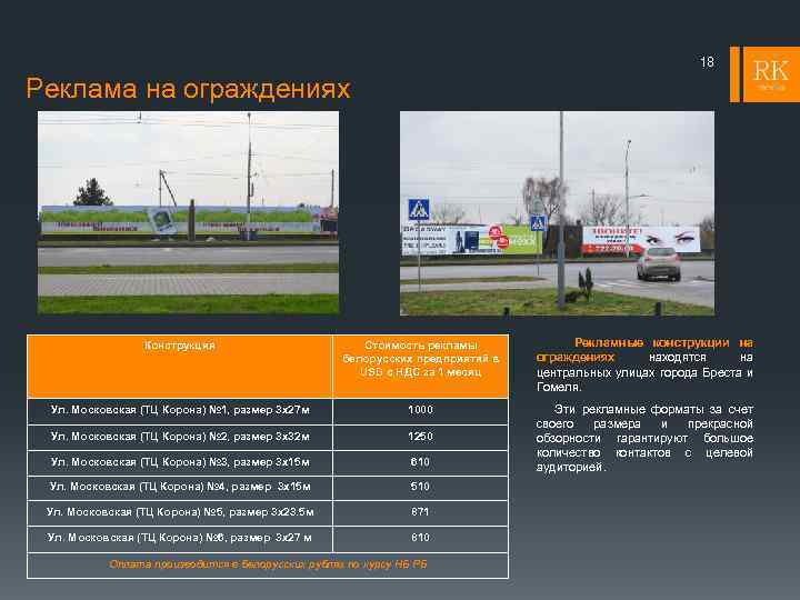 18 Реклама на ограждениях Конструкция Стоимость рекламы белорусских предприятий в USD с НДС за