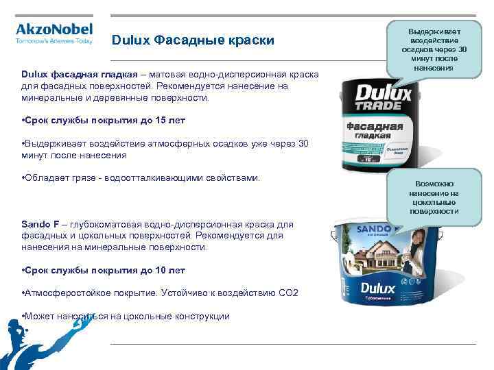 Dulux Фасадные краски Dulux фасадная гладкая – матовая водно-дисперсионная краска для фасадных поверхностей. Рекомендуется