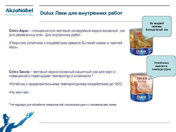 Dulux Лаки для внутренних работ Celco Aqua – глянцевый или матовый колеруемый водно-основный лак