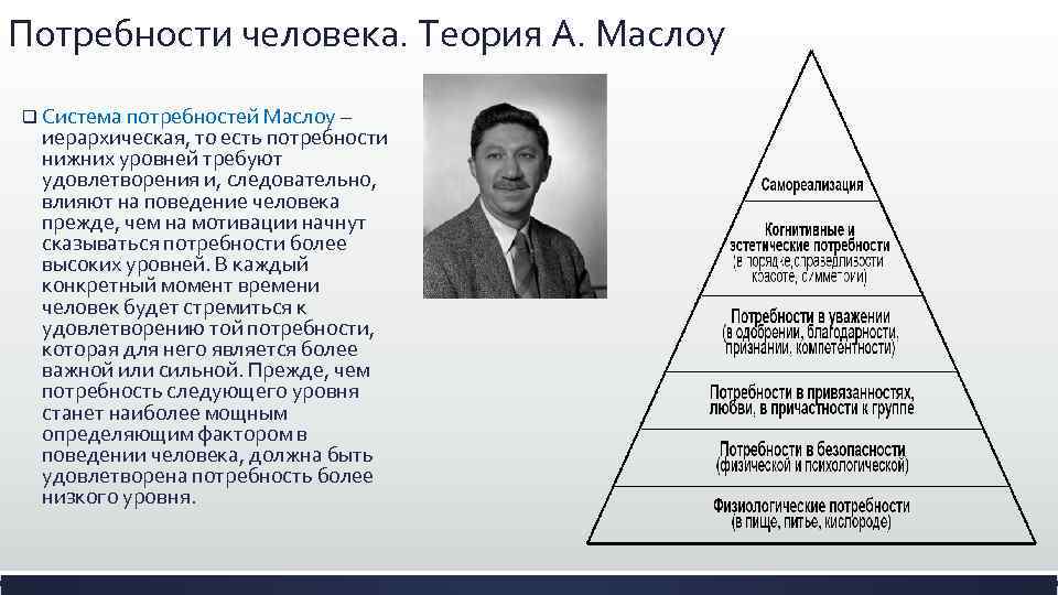 Потребности человека. Теория А. Маслоу q Система потребностей Маслоу – иерархическая, то есть потребности
