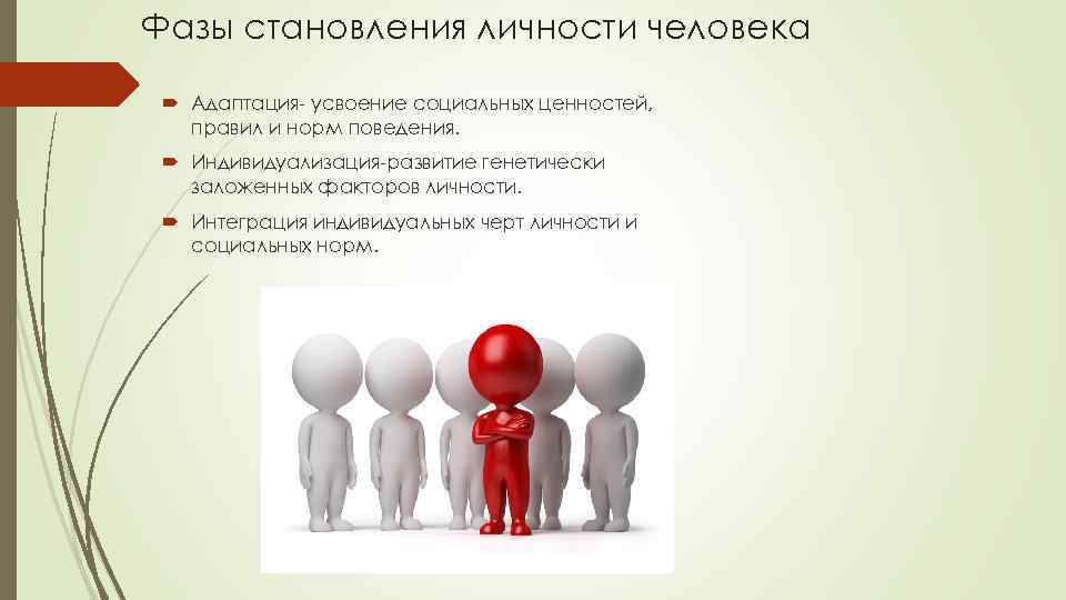 Фазы становления личности человека Адаптация усвоение социальных ценностей, правил и норм поведения. Индивидуализация развитие