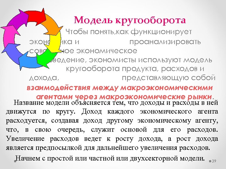 Модель кругооборота Чтобы понять, как функционирует экономика и проанализировать совокупное экономическое поведение, экономисты используют