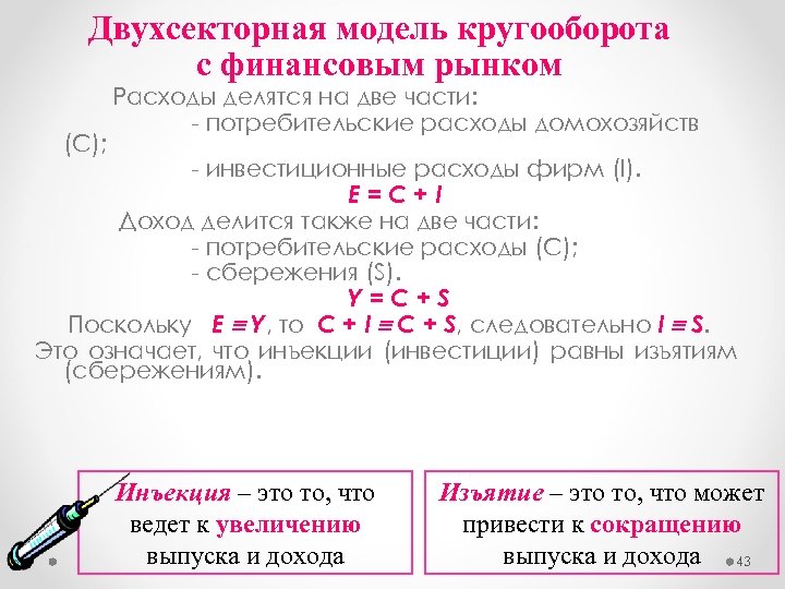 Двухсекторная модель кругооборота с финансовым рынком (C); Расходы делятся на две части: - потребительские