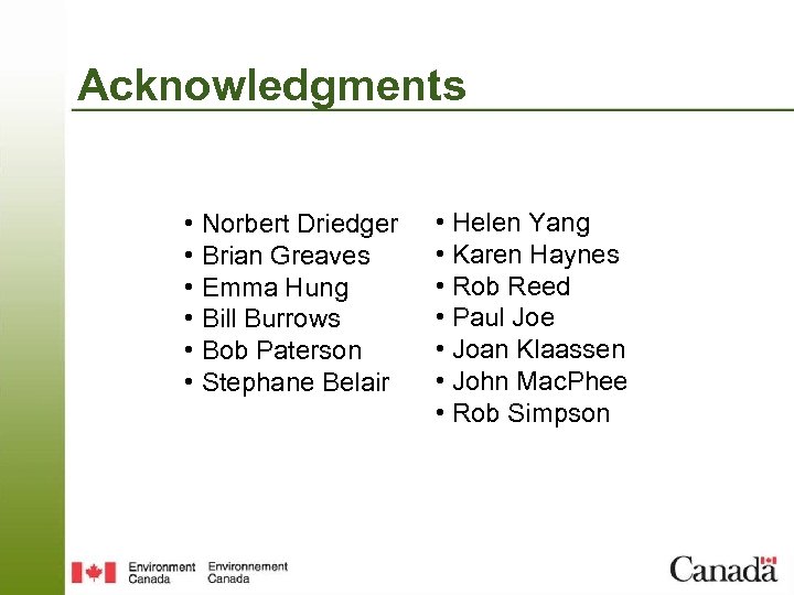 Acknowledgments • Norbert Driedger • Brian Greaves • Emma Hung • Bill Burrows •