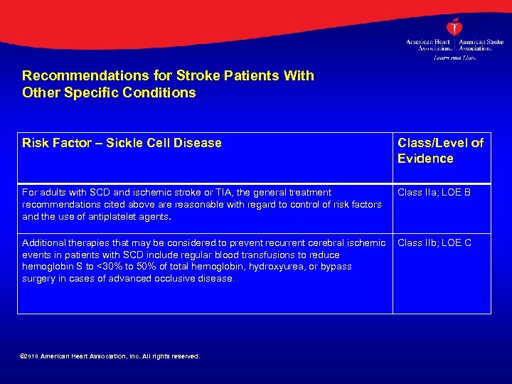 Recommendations for Stroke Patients With Other Specific Conditions Risk Factor – Sickle Cell Disease
