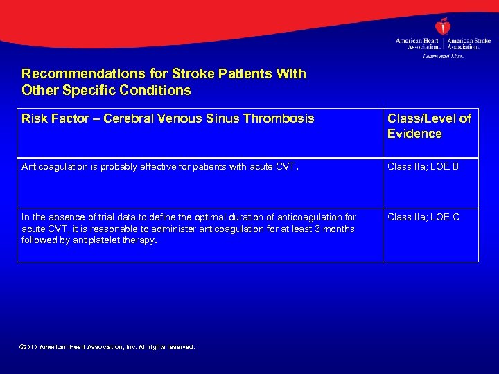 Recommendations for Stroke Patients With Other Specific Conditions Risk Factor – Cerebral Venous Sinus