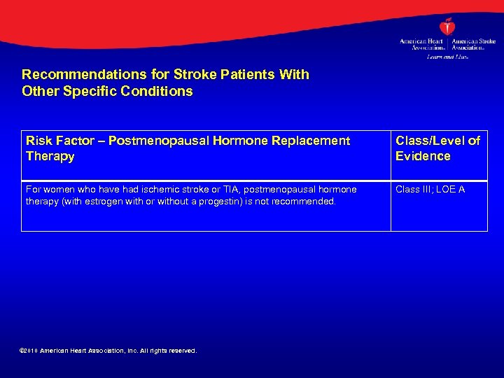 Recommendations for Stroke Patients With Other Specific Conditions Risk Factor – Postmenopausal Hormone Replacement