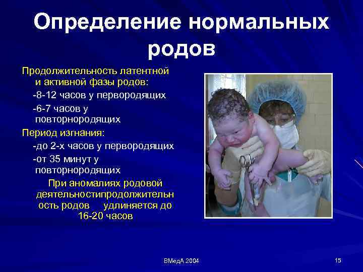 Определение нормальных родов Продолжительность латентной и активной фазы родов: 8 12 часов у первородящих