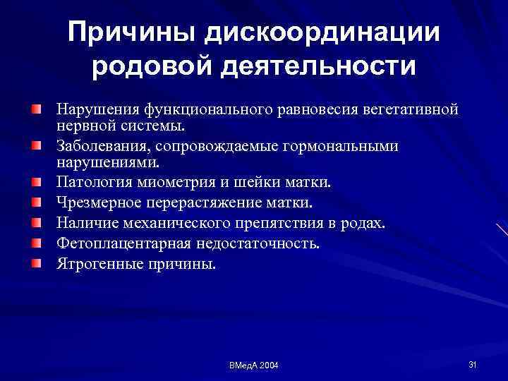 Причины дискоординации родовой деятельности Нарушения функционального равновесия вегетативной нервной системы. Заболевания, сопровождаемые гормональными нарушениями.