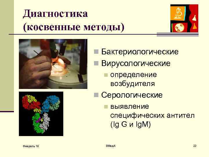 Диагностика (косвенные методы) n Бактериологические n Вирусологические n определение возбудителя n Серологические n выявление