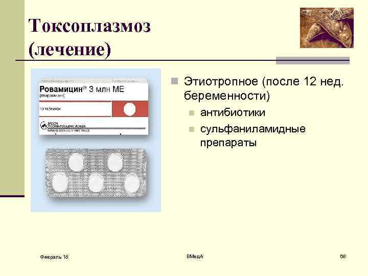 Токсоплазмоз (лечение) n Этиотропное (после 12 нед. беременности) n n Февраль 18 антибиотики сульфаниламидные