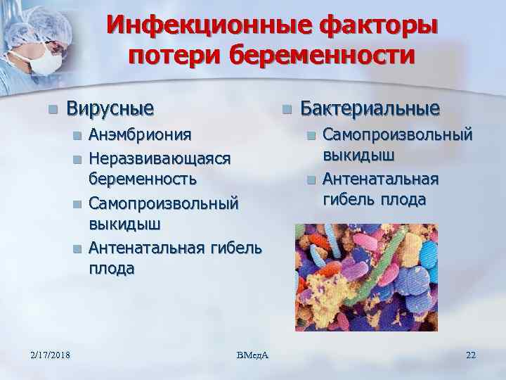 Инфекционные факторы потери беременности n Вирусные n n 2/17/2018 n Анэмбриония Неразвивающаяся беременность Самопроизвольный