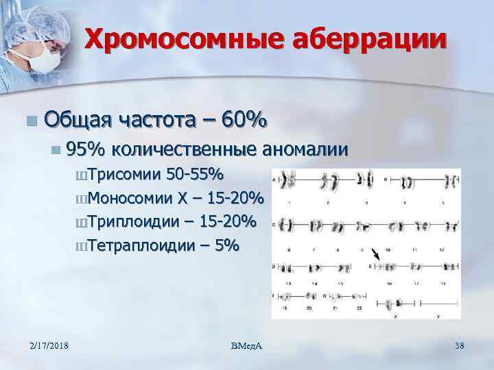 Хромосомные аберрации n Общая частота – 60% n 95% количественные аномалии ШТрисомии 50 -55%