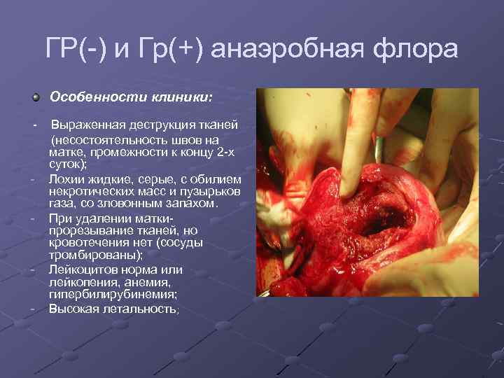 ГР(-) и Гр(+) анаэробная флора Особенности клиники: - - - Выраженная деструкция тканей (несостоятельность