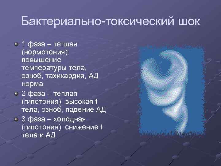 Бактериально-токсический шок 1 фаза – теплая (нормотония): повышение температуры тела, озноб, тахикардия, АД норма.