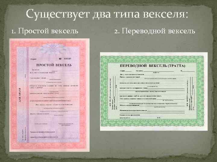 Существует два типа векселя: 1. Простой вексель 2. Переводной вексель 
