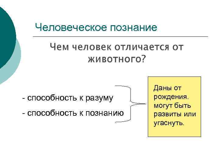 Человеческое познание - способность к разуму - способность к познанию Даны от рождения. могут