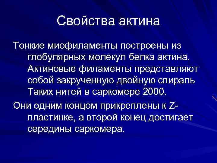 Свойства актина Тонкие миофиламенты построены из глобулярных молекул белка актина. Актиновые филаменты представляют собой